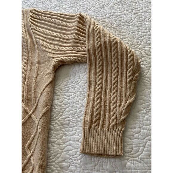 FATE Women's 1XL Khaki Cable Knit V-Neck Chunky Sweater Long Sleeve Pullover - Picture 8 of 11